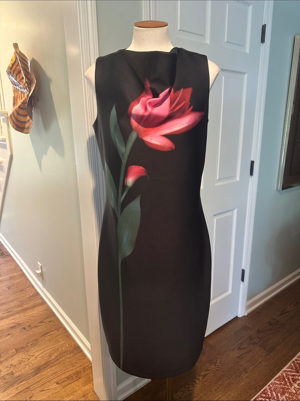 NWOT Halston Sz 8 Black Scuba Sheath Dress Pink Rose Tulip 🌷 Floral Print